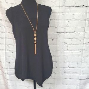 Black- ribbed sleeveless blouse with gold necklace attached, Size Large